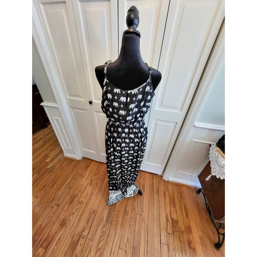 Black/White  Elephant  Spaghetti Strap Rayon  Maxi Dress M Boho Artsy Indie